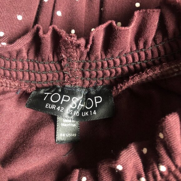 TopShop Peasant Dress Womens Size 10 Maroon White Polka Dots Smocked Long Sleeve - Picture 7 of 10